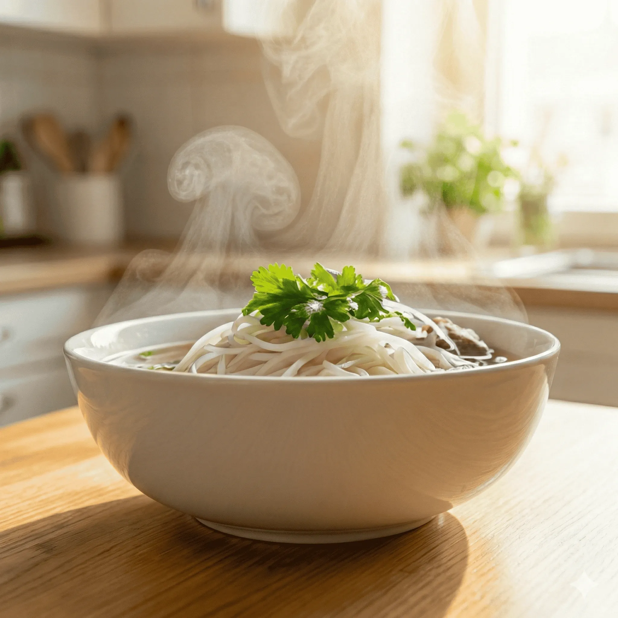 Steaming bowl of pho with Lee's Noodle rice noodles